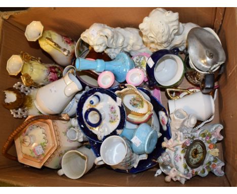 Ceramics - 19th century and later including a Dresden style mantel clock, a biscuit barrel, a pair of Staffordshire mantel do