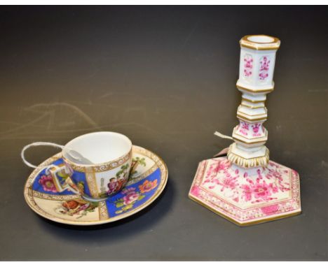 A Helena Wolfson cabinet cup and saucer; a Meissen candlestick