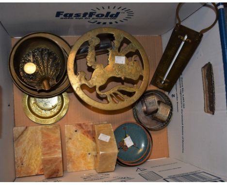 Metalware - a brass trivet, lion rampant motif; a pair of cloisonne pin dishes; a brass jam thermometer; a pair of alabaster 