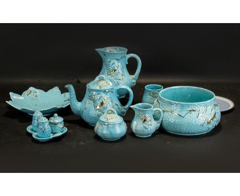 Collection of Wade Blue Turquoise Pottery 8 pieces in total, comprising bowls, jugs, teapot, plates and cruet set.  Also incl