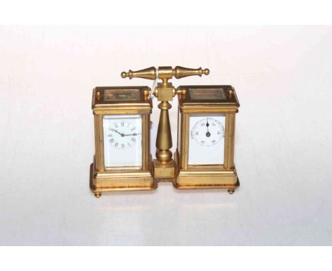 French gilt brass miniature carriage clock and barometer desk piece, having bevelled glass sides, 12cm across, 10cm high incl