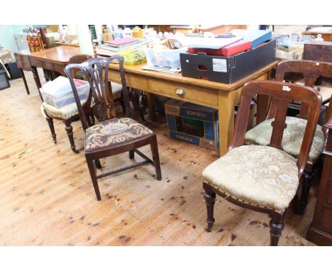 Stained as pine two drawer kitchen table 83cm high by 153cm wide by 65cm deep, set of four Victorian mahogany chairs and maho