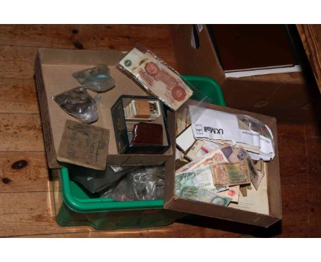 Collection of coins, banknotes, cigarette cards (players) and schoolboy commonwealth stamps including approx 500g pre 1947 (1