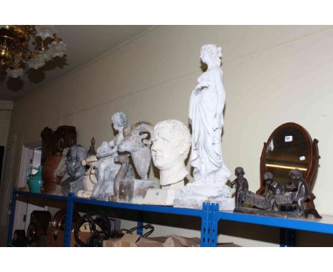 Collection of garden statuary, stone bottles, brass coal bin, two camels, toilet mirror, etc.