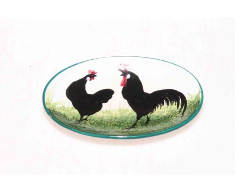Wemyss Ware pin dish decorated with hen and cock.