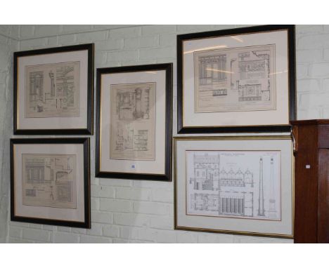Set of five framed architectural prints.