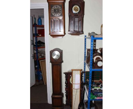 Two oak wall clocks, Vienna clock, Grandmother clock, Fitzroy barometer, mantel clock, circular wall clocks, etc.