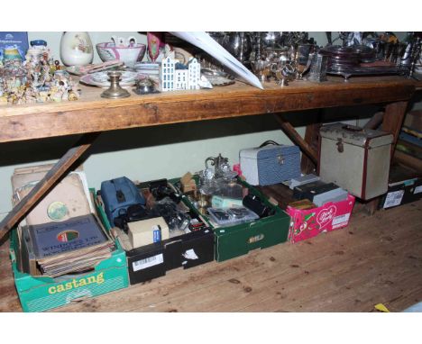 Five boxes of gramophone records, cameras (Vivitar, Kershaw etc), metalwares (binoculars, flask), paintings inc H. Watson ani