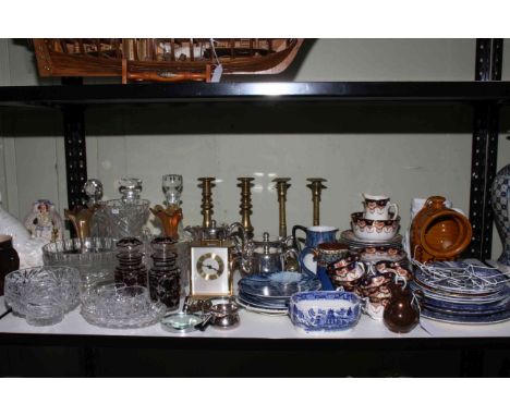 Collection of Victorian china, glass, metalwares, blue and white plates, carriage clock, etc.