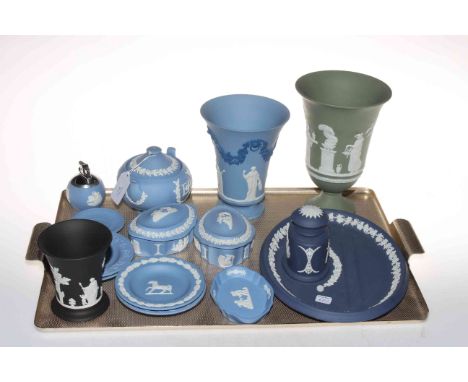 Collection of Wedgwood Jasperware including vases, trinket boxes and dishes, lighter, etc.
