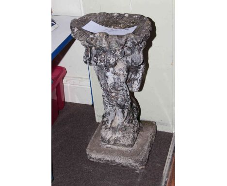 Weathered cherubic figure bird bath, vintage galvanised wares, exterior lantern, iron garden supports, etc.