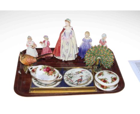 Five Royal Doulton figures, Bess, Marie, Tootles, My First Figurine and Mothers Helper, two metal bird ornaments, two Royal G