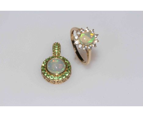 9k gold opal and zircon ring size P/Q, together with 9 carat gold, opal and tsavoite pendant (2) (one certificate).