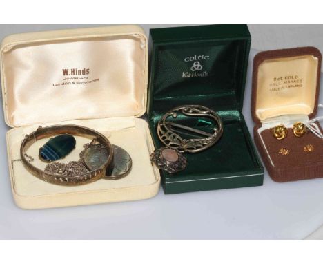 Celtic Edinburgh hallmarked silver brooch, another two brooches, silver bangle and locket, and two pair gold earrings.