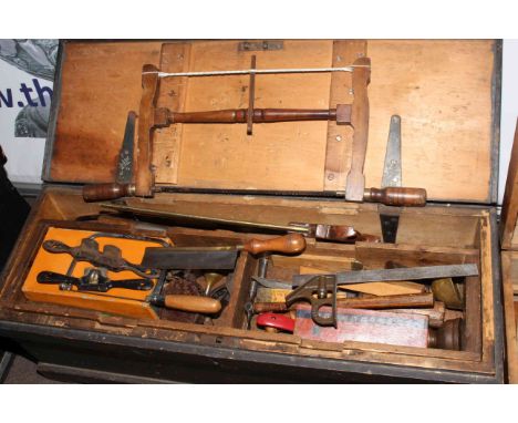 Partitioned tool box containing collection of joinery tools (box 33cm by 90cm by 31cm).