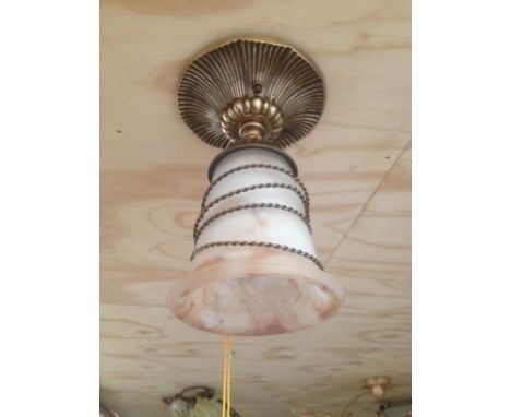 *A Brass 'Cup' Ceiling Light with Spanish Art Glass & Tassel Tie.