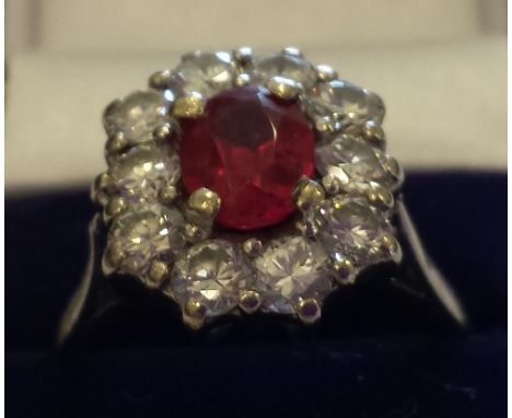 An 18ct. Gold Diamond and Ruby Cluster Ring. Size M. Ruby 1 carat, Diamond 2 carats approx.