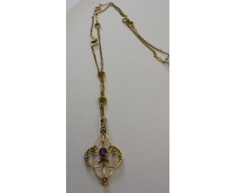 An Antique Gold, Amethyst and Pearl Pendant.