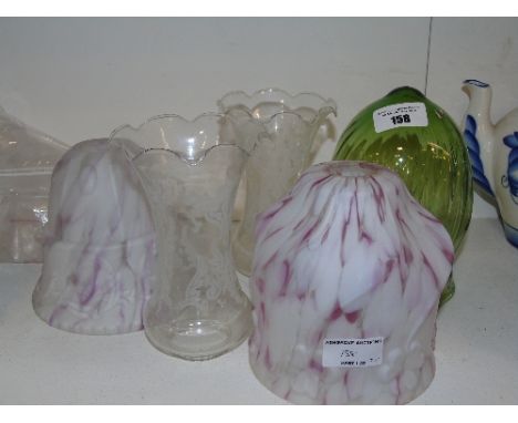 Five Glass Lamp Shades, two coloured , two etched and one with green glass. (5)