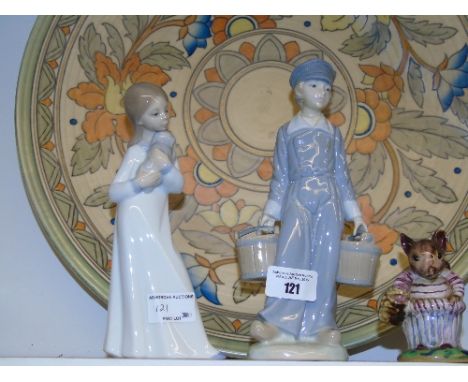 A Lladro Figure of a Boy carrying two pails along with another Nao Figure of a Girl holding a puppy. (2)