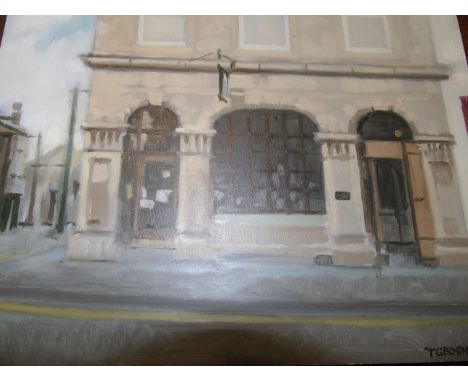 Trevor Geoghegan (Irish, b. 1946). The Corner of Basin St, Naas. Oil on panel, 13x13ins.