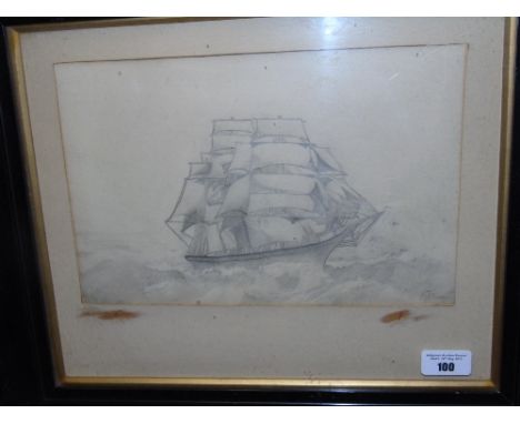 A Pencil Sketch of a Ship by R. Happen. Framed and glazed, signed lower right.