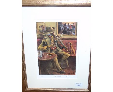 A Limited Edition Signed Print by Mick Cawston Entitled 'The Fiddler', depicting a fox playing the fiddle. Signed, numbered &