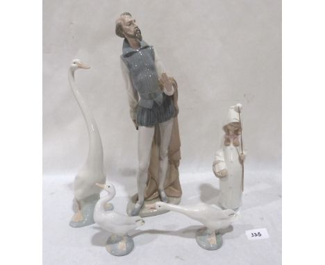 A Lladro figure; two Lladro geese, a Nao figure and goose