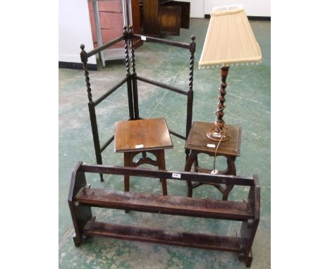 An oak barleytwist diptych clothes airer; a barleytwist lamp; two lamp tables and a wall rack (5)