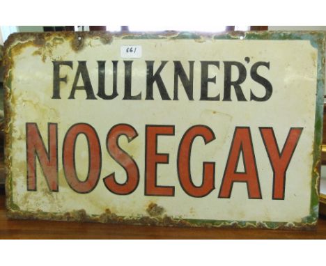 Two enamel advertising signs, Faulkner's Nosegay 14' x 23' and Drink Tizer the Appertizer 20' x 30'
