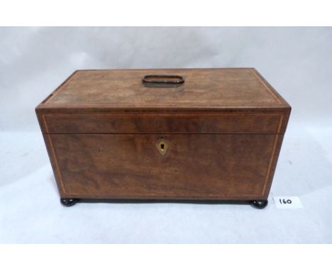 A George III mahogany tea caddy with banded inlay, the interior with two lidded tea boxes and an associated mixing bowl. 12' 