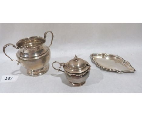 A silver two handled cup, a silver trinket dish and a silver mustard. 6ozs 10dwts