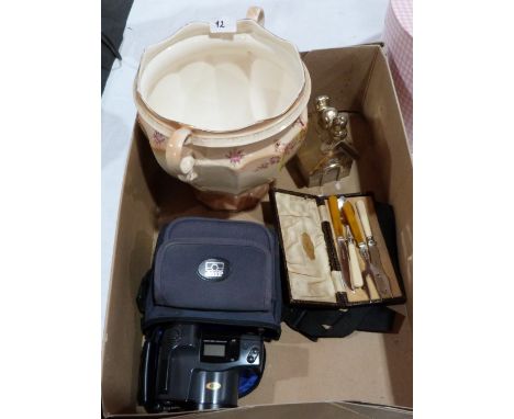 A Devonshire jardinere, camera, moneybox etc.