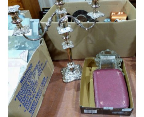 A three light plated candelabrum; a cased set of 12 plated cake forks and a brass mirrored dressing table tray
