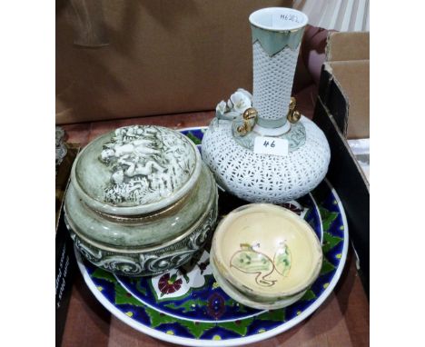 A reticulated vase; an Italian ceramic box; a Turkish dish and two small earthenware studio pottery bowls