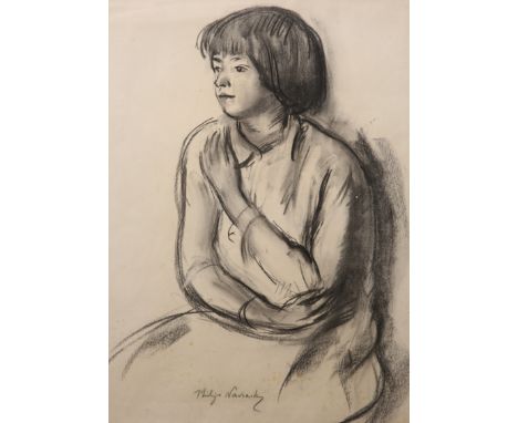 PHILIP NAVIASKY (1894-1983), PORTRAIT OF A GIRL, signed, charcoal, framed. 55cm by 40cm