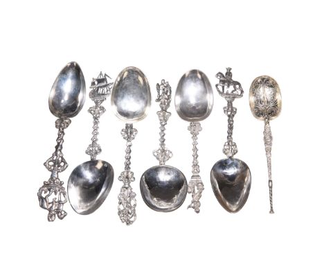 SIX DUTCH SILVER SPOONS AND A VICTORIAN SILVER-GILT COPY OF THE ANOINTING SPOON, ONE WITH ENGLISH IMPORT MARKS FOR LONDON, 19