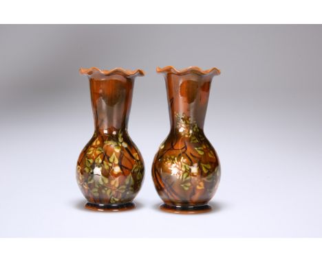 A PAIR OF LINTHORPE POTTERY VASES, each painted with trailed foliage beneath a frilled rim, painted decorator's mark F.D., sh