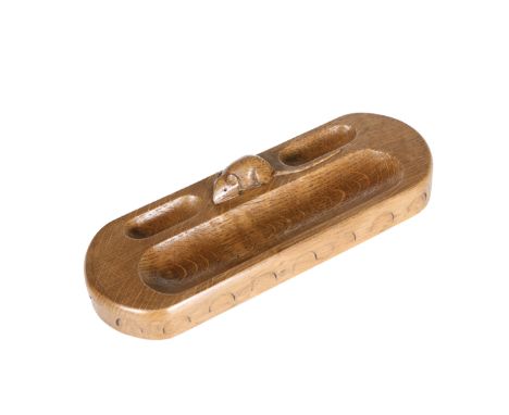 ROBERT THOMPSON OF KILBURNA MOUSEMAN OAK PEN TRAY, rectangular with rounded ends and penny moulding, carved mouse signature. 