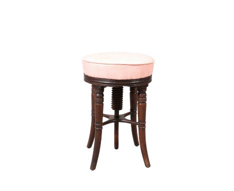 A VICTORIAN MAHOGANY AND UPHOLSTERED ADJUSTABLE PIANO STOOL, raised on splayed turned legs.