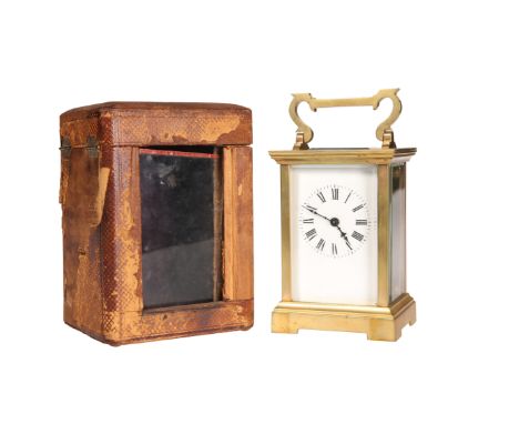A BRASS CASED CARRIAGE CLOCK, CIRCA 1900, SIGNED R &amp; CO (RICHARD &amp; CO), the white enamel dial with Roman numerals, in