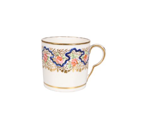 A PINXTON COFFEE CAN, c.1795,&nbsp;of plain cylindrical form with kick-in handle, enamel painted with wavy blue line and rose