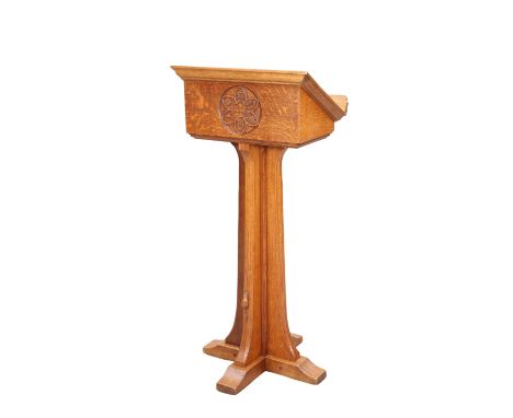 ROBERT THOMPSON OF KILBURNA MOUSEMAN OAK LECTERN, DATED 1957, the adzed slope with swept moulded edge to the underside and ca