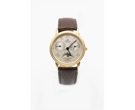 A LADY'S 14CT GOLD SEWILLS STRAP WATCH&nbsp;. Circular silver dial with roman index and black hands, sub dials indicating dat