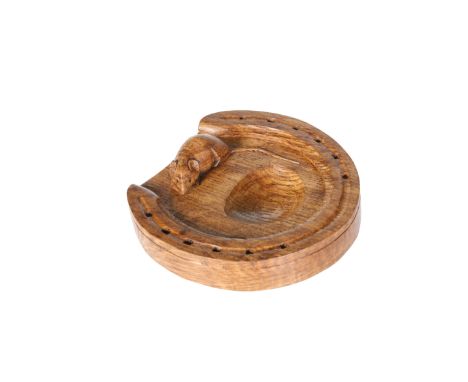 ROBERT THOMPSON OF KILBURNA MOUSEMAN OAK ASHTRAY IN THE FORM OF A HORSESHOE, good colour, carved mouse signature. 12.5cm by 1