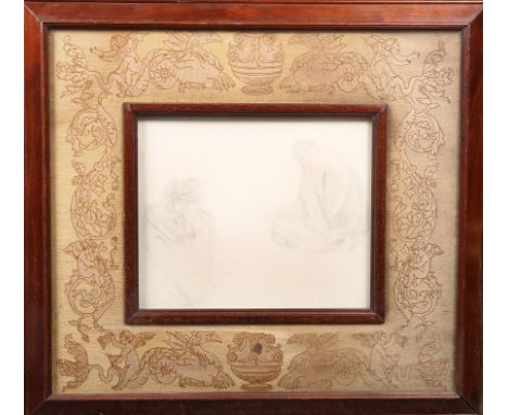 AN UNUSUAL EARLY 20TH CENTURY MAHOGANY FRAME, with a Walter Crane style silk and needlework border panel mount of cherubs, ac