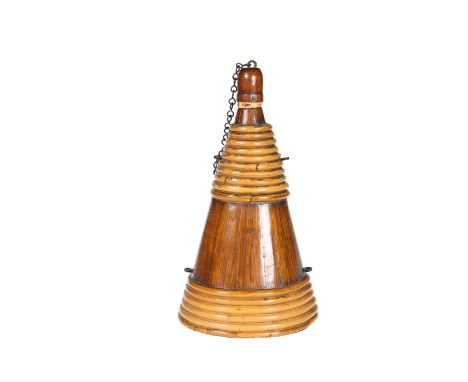 TREEN: A 19TH CENTURY RATTAN-BOUND OAK POWDER FLASK, of tapering form with plug cover. 22cm high