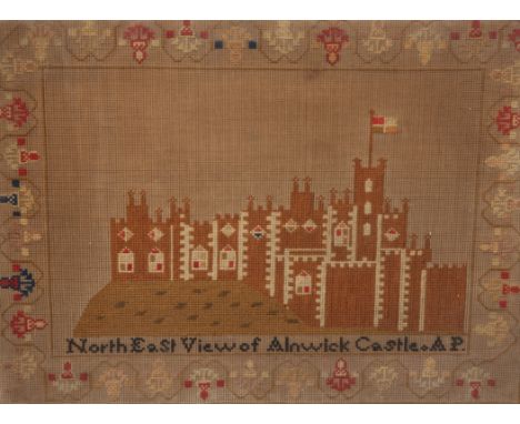 A 19TH CENTURY SAMPLER, "NORTH EAST VIEW OF ALNWICK CASTLE", in a gilt frame. Overall 49cm by 61.5cm