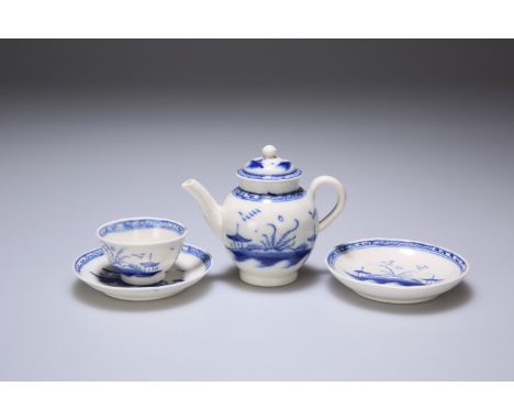 FOUR PIECES OF MINIATURE CAUGHLEY, comprising teapot, tea bowl and two saucers, each blue painted in the Island pattern, c.17