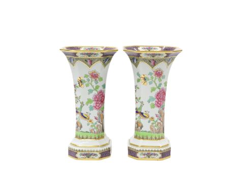 A PAIR OF COPELAND SPODE VASES, LATE 19TH CENTURY, of canted square-section trumpet form, each decorated with chinoiserie, gr